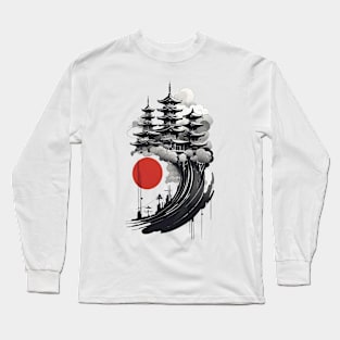 Japanese Castle Rising Over Waves Long Sleeve T-Shirt